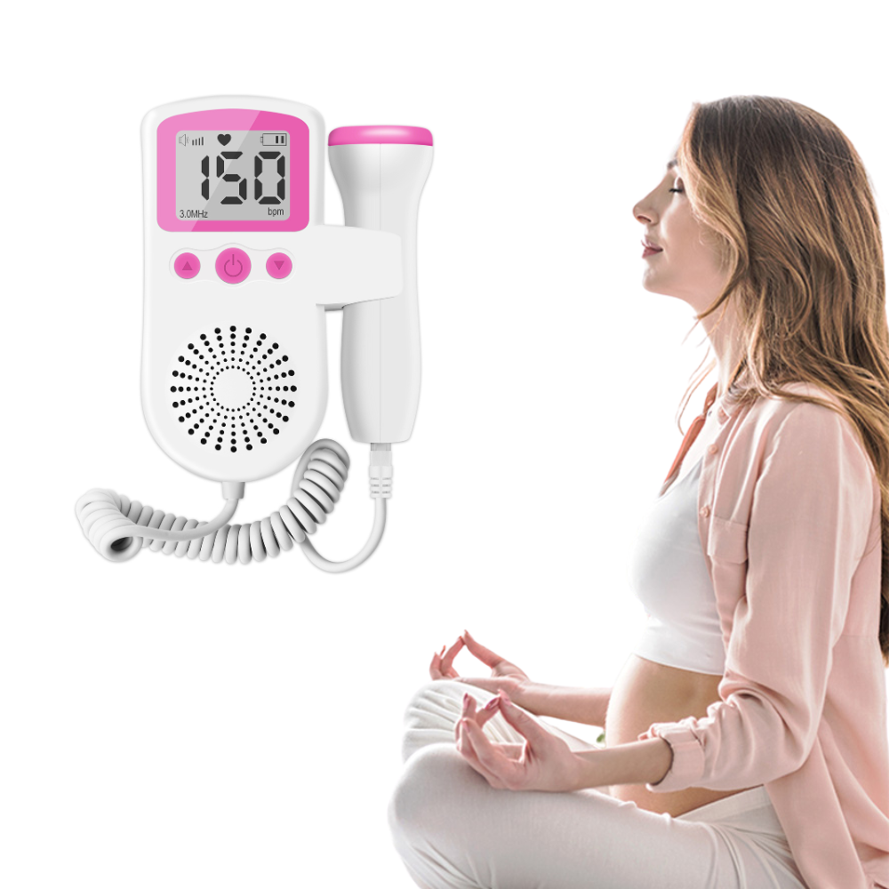 Handheld fetal Doppler with pink LCD display and speaker grille, with probe cable