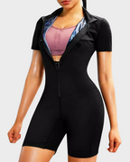 Black short-sleeve full-body sauna suit with front zipper and open neckline