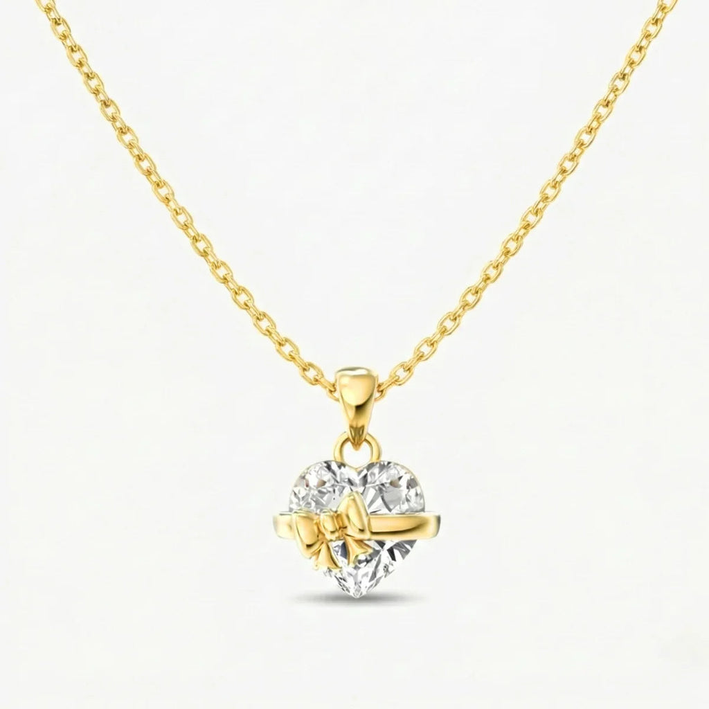 Yavina | Heart Necklace for Women - Gold Bow Sparkling Stone Delicate Elegant Fit-Necklaces-Gold-Camoufit