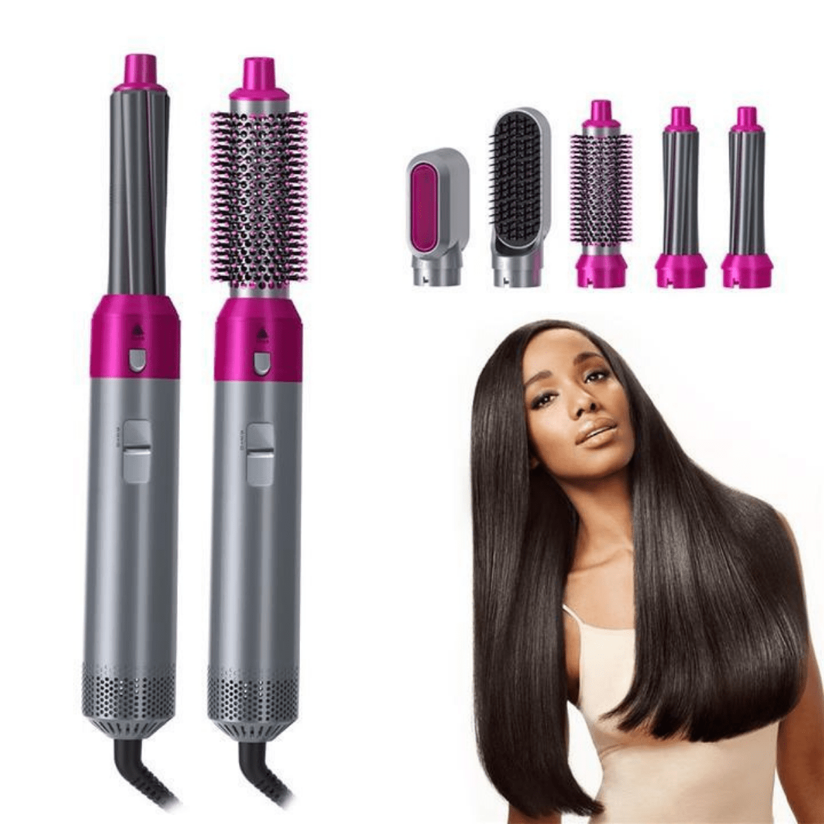 5-in-1 air styler hair dryer brush with pink and gray handle; curling and brush heads