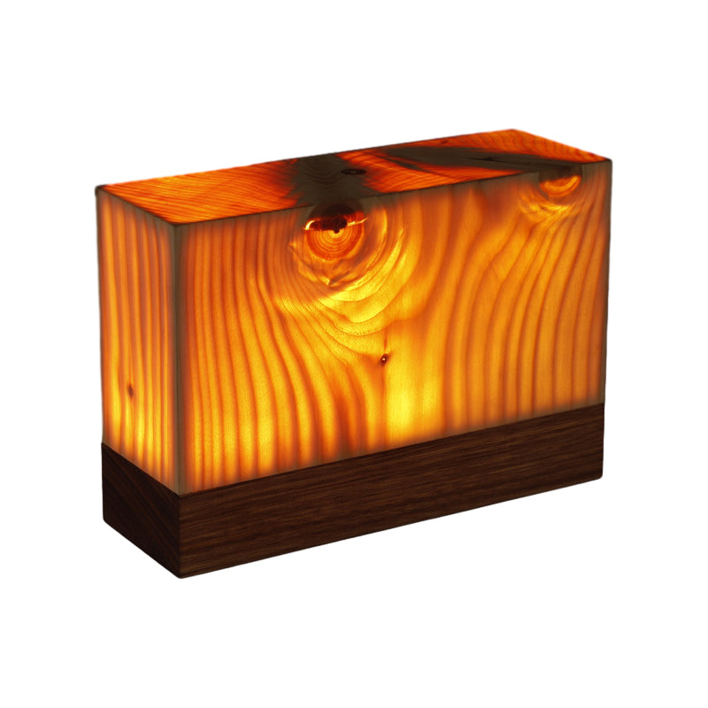 Rectangle wood-look LED table lamp with warm glow and wood-grain light pattern