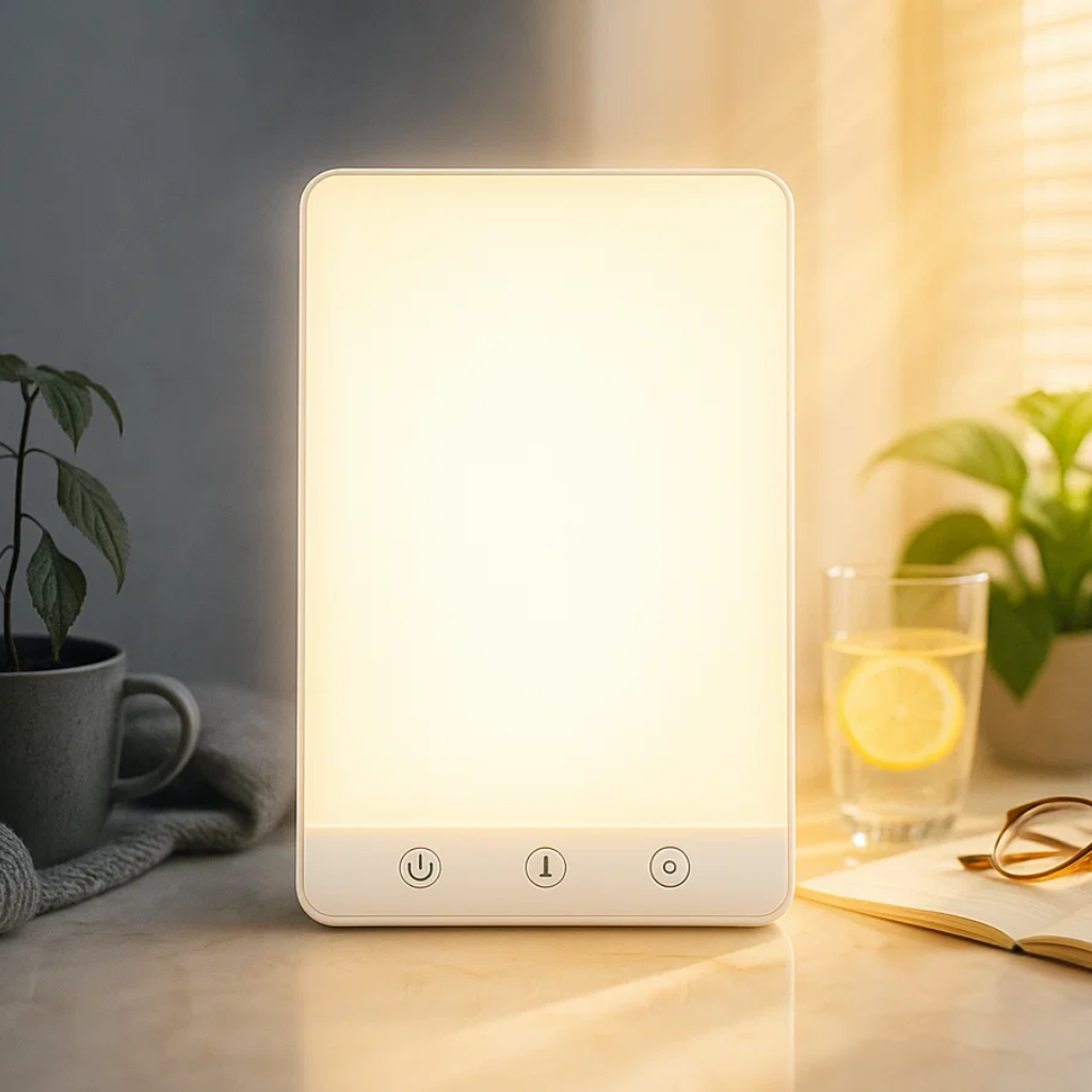 White LED daylight lamp with front touch buttons and bright rectangular light panel