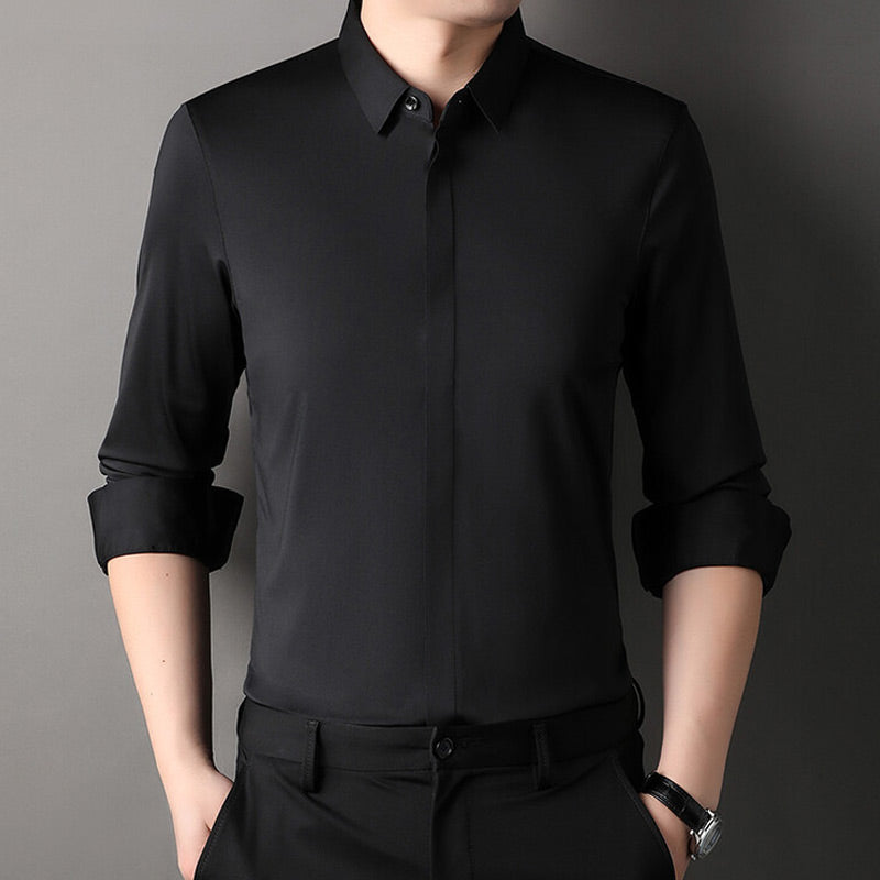 Vireon | Long Sleeve Shirt for Men - Johnny Collar Button Front Rolled Cuff Cotton Regular Fit-Men's Shirt-Black-S-Camoufit