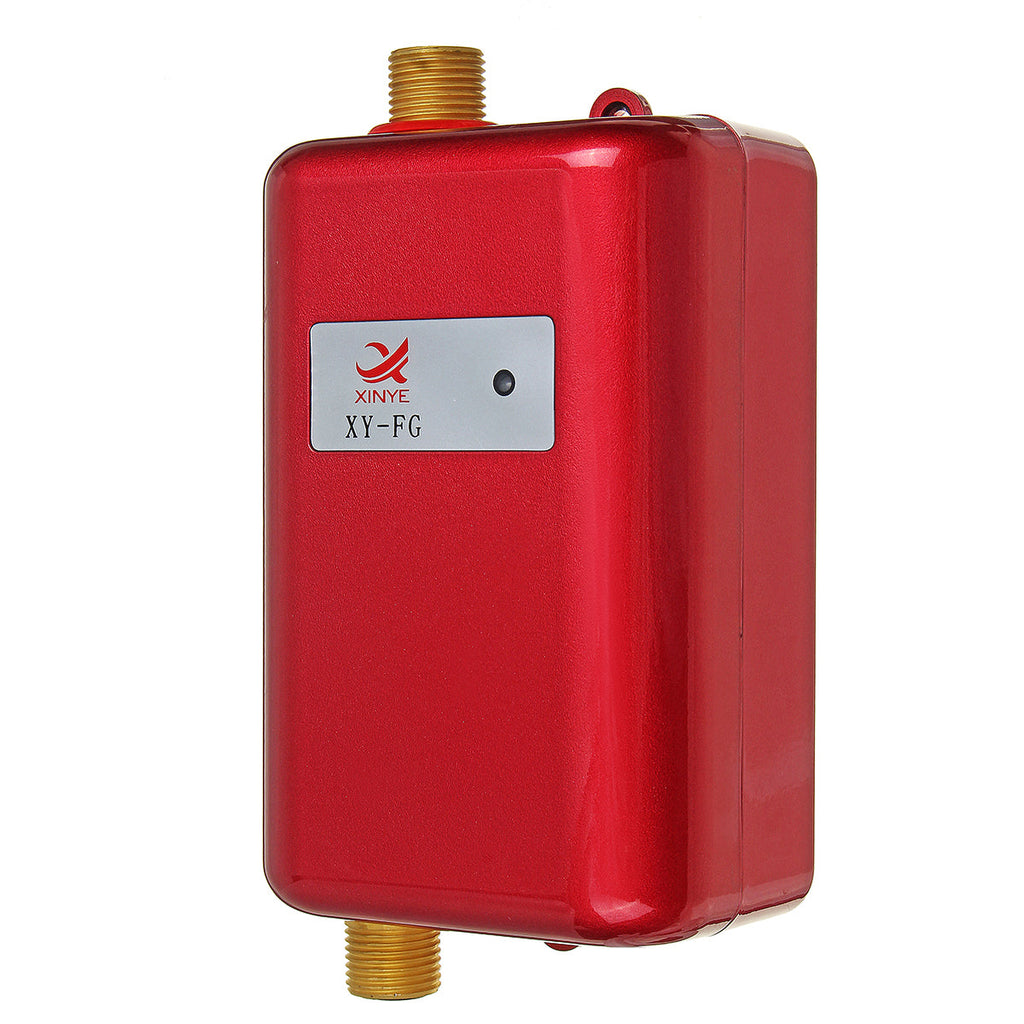 Tankless electric water heater with red body and brass threaded fittings