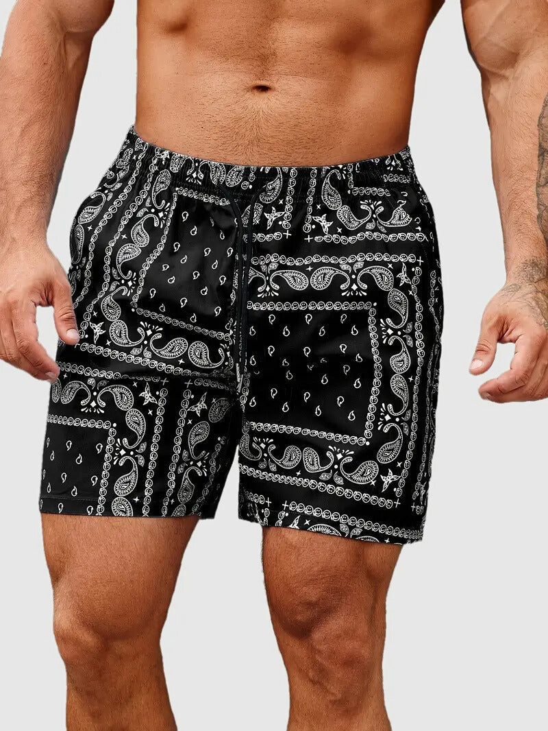 Cazaro | Bandana Shorts for Men - Printed Elastic Waist Drawstring Regular Summer Fit-Men's Shorts-Black-S-Camoufit