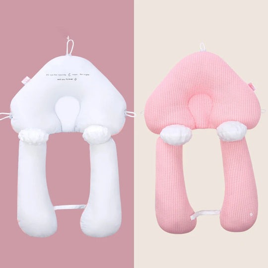 White and pink ergonomic baby support cushions with plush leg openings