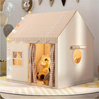 Kids play tent with tan gingham roof, open front curtains, and window cutout