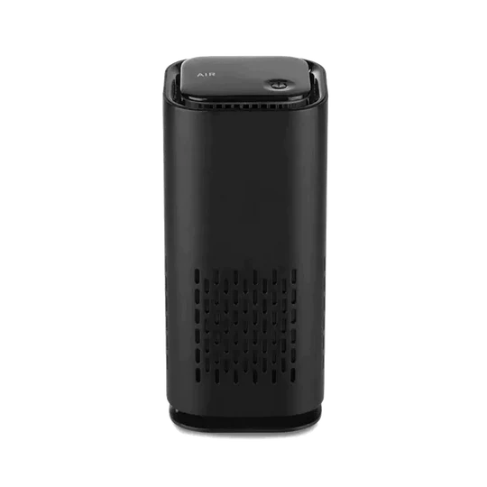 Black cylindrical air purifier with top controls and front vent grille