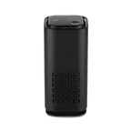 Black cylindrical air purifier with top controls and front vent grille