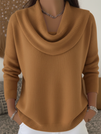 Brown long-sleeve cowl-neck sweater with soft draped cowl neckline