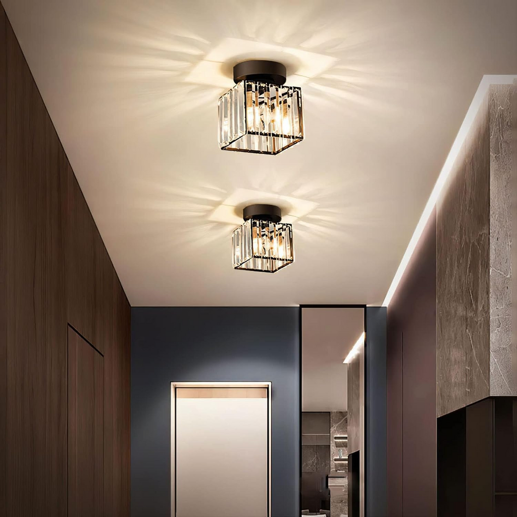 Modern Crystal Ceiling Lamp – Crystal Flush Mount Ceiling Light with Brass Fixture, Round or Square, Gold or Black – CrystalGlow