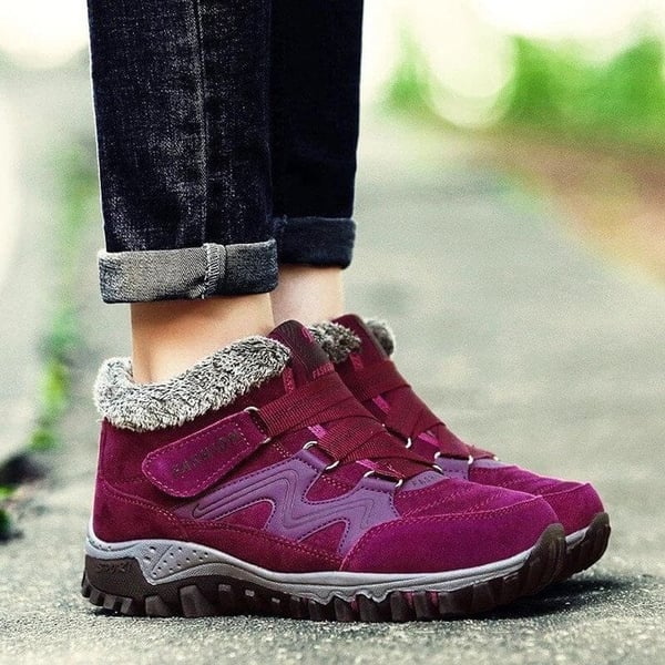 Dark red winter boots with faux fur collar, hook-and-loop straps, non-slip lug sole