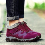 Dark red winter boots with faux fur collar, hook-and-loop straps, non-slip lug sole