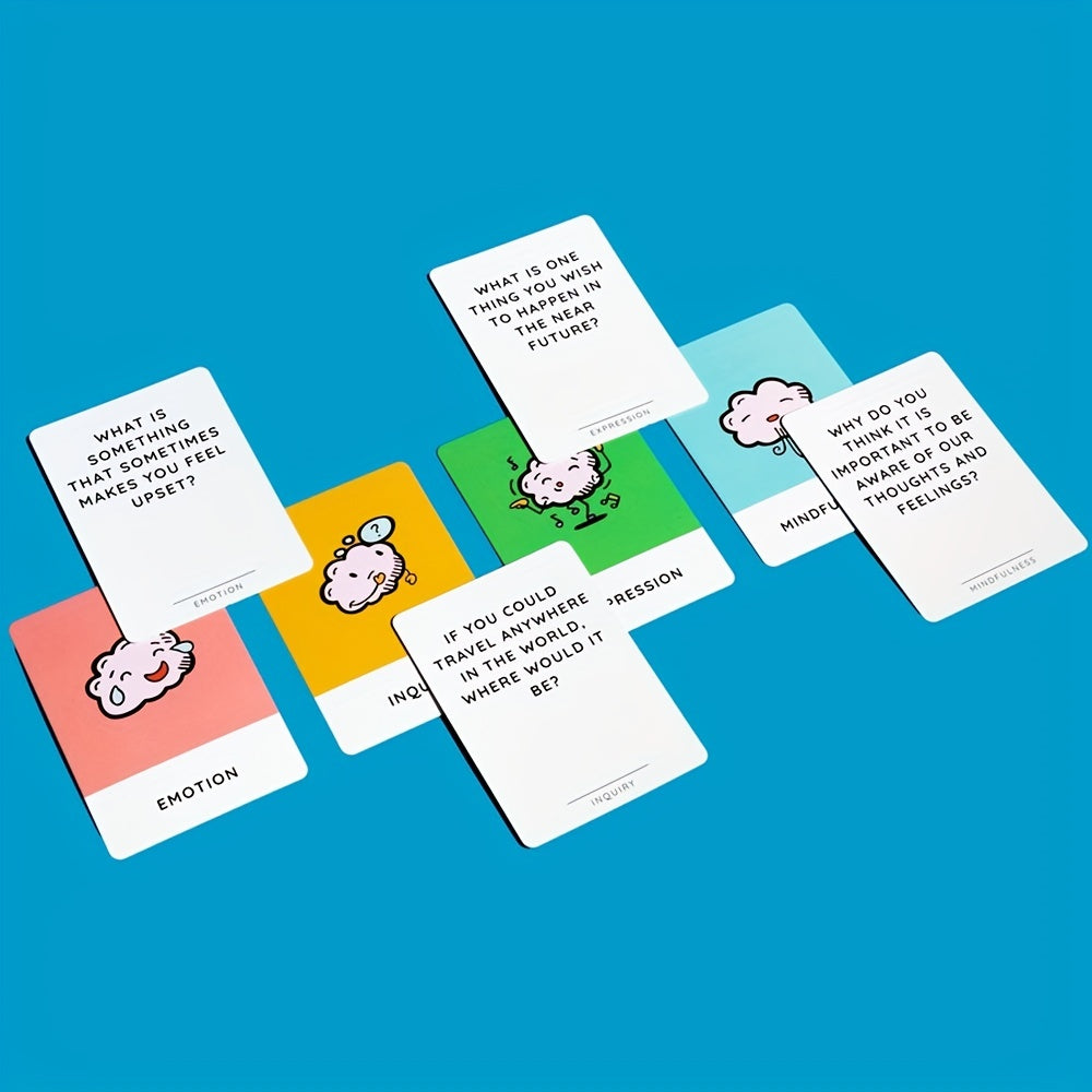 Mindful Talk cards fanned out, with handwritten-style prompts and category labels like Emotion
