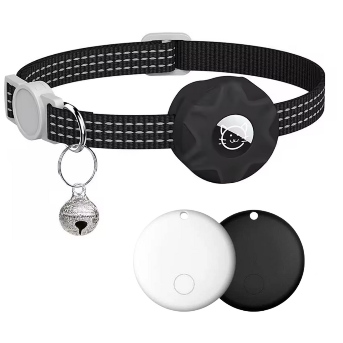 Black pet tracker collar with round tracker pod and bell charm, plus spare black/white pods