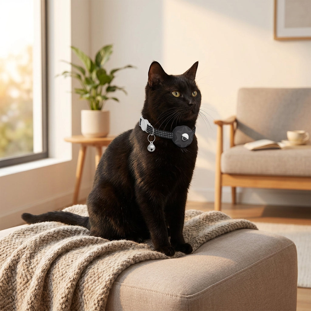 Cat wearing a black smart pet tracker collar with round tracker and bell charm