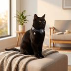 Cat wearing a black smart pet tracker collar with round tracker and bell charm