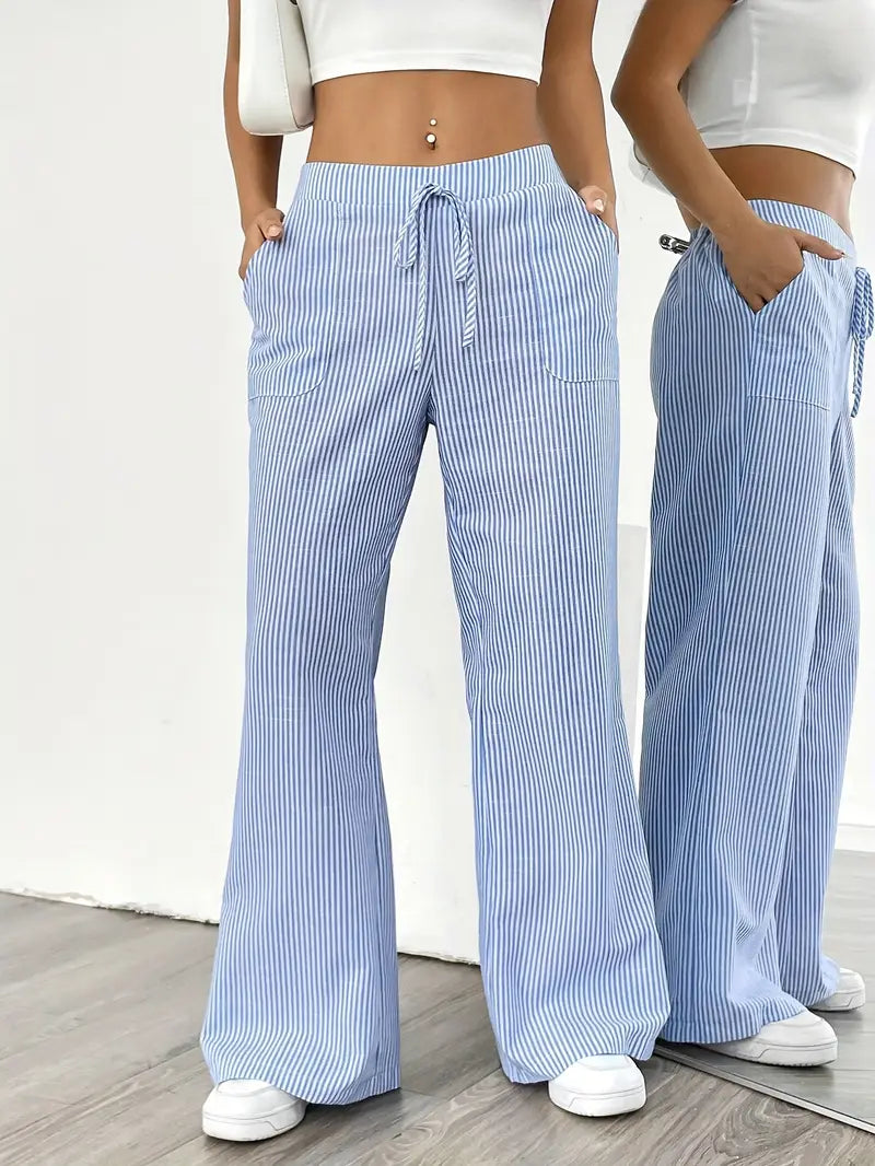 Isola | Wide Leg Trousers for Women - Striped Flared Drawstring Boho Beach Summer Fit-Women's Pants-Yellow-S-Camoufit