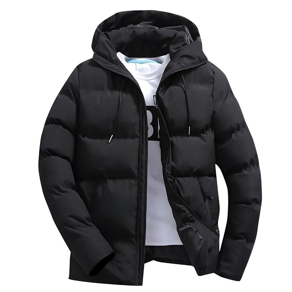 Men's black puffer winter parka with adjustable hood, full zip front, side pockets