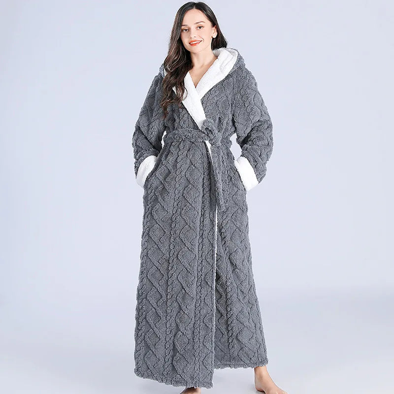 Women's hooded flannel robe, charcoal gray, hooded belted wrap with long sleeves
