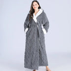 Women's hooded flannel robe, charcoal gray, hooded belted wrap with long sleeves
