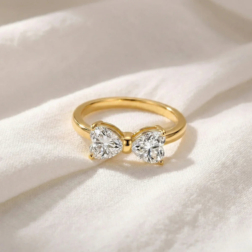 Alouette | Promise Ring for Women - Twin Heart Stone Gold Band Elegant Fit-Ring-Gold-5-Camoufit