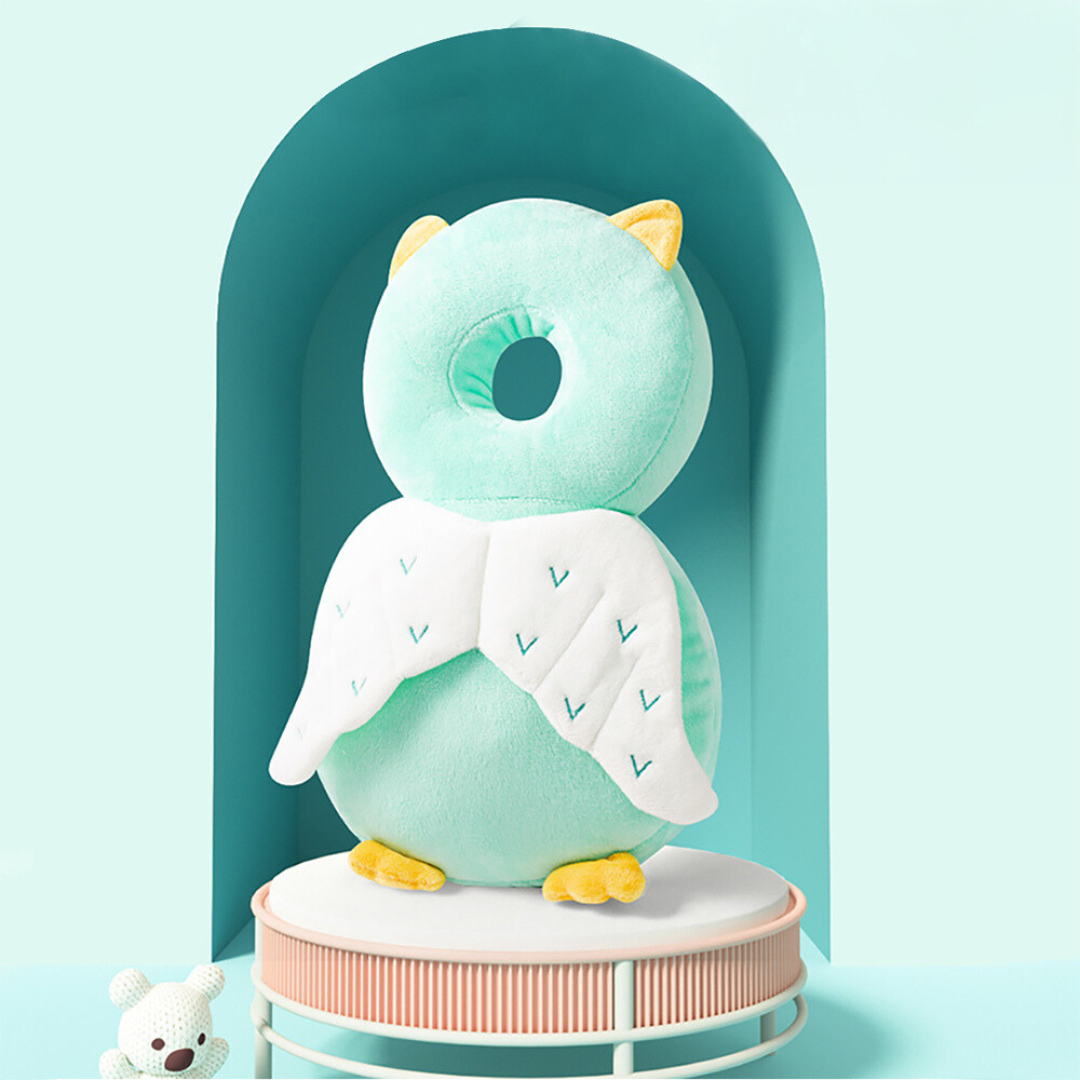 Light mint plush animal padded head protector backpack with white winged hood