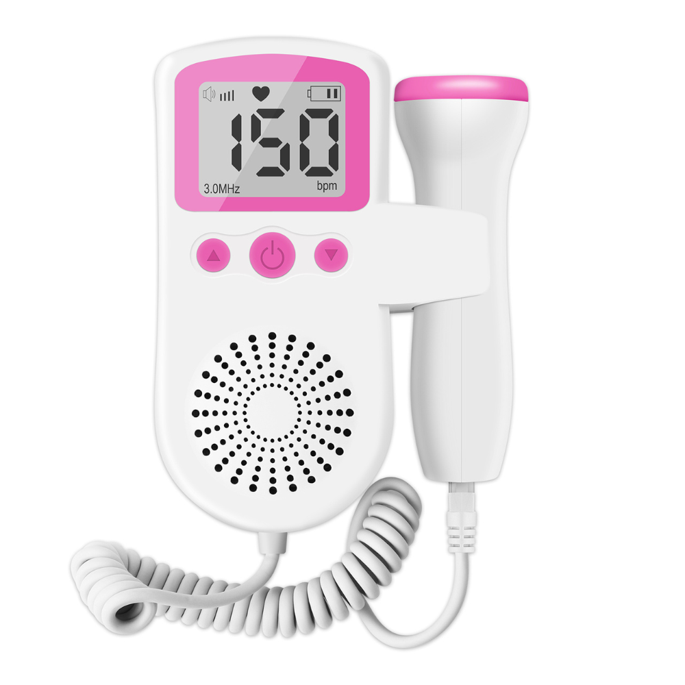 Handheld fetal Doppler unit with pink LCD, speaker grille, and coiled probe cord