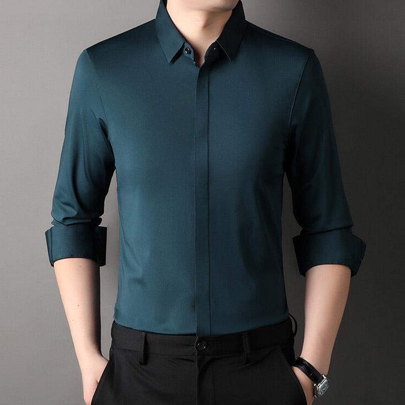Vireon | Long Sleeve Shirt for Men - Johnny Collar Button Front Rolled Cuff Cotton Regular Fit-Men's Shirt-Green-S-Camoufit