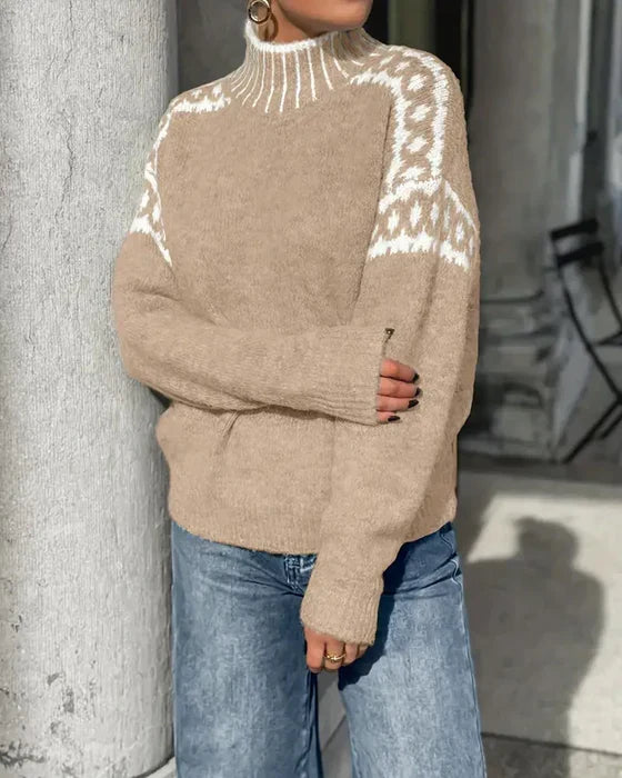 Beige knit sweater with patterned shoulders and ribbed high neck, long sleeves