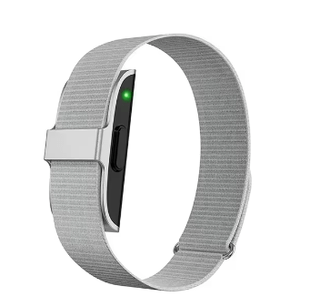 Smart fitness tracker watch with light gray textured strap and side button, green LED