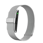 Smart fitness tracker watch with light gray textured strap and side button, green LED