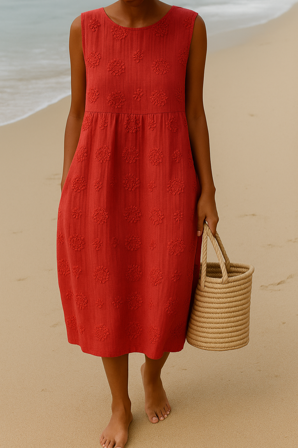 Véline | Midi Sleeveless Dress for Women - Textured Embroidered Regular Casual Summer Fit-Midi Dresses-Red-S-Camoufit
