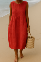 Véline | Midi Sleeveless Dress for Women - Textured Embroidered Regular Casual Summer Fit-Midi Dresses-Red-S-Camoufit