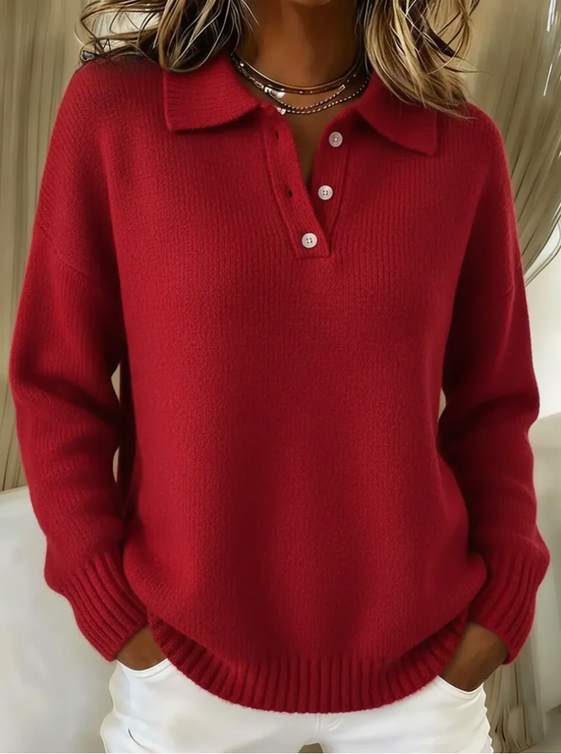 Penelope | Knit Polo Sweater Women Soft Stretch Elegant Fit-Women's Sweater-Red-S-Camoufit