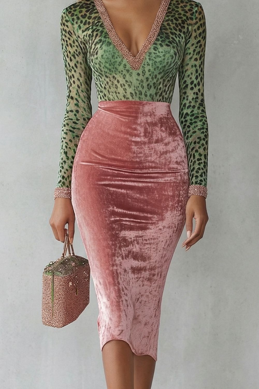 Rovina | Bodycon Midi Dress for Women - Leopard Velvet V Neck Long Sleeve Elegant Flattering Fit-Midi Dresses-Pink-XS-Camoufit