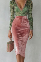 Rovina | Bodycon Midi Dress for Women - Leopard Velvet V Neck Long Sleeve Elegant Flattering Fit-Midi Dresses-Pink-XS-Camoufit