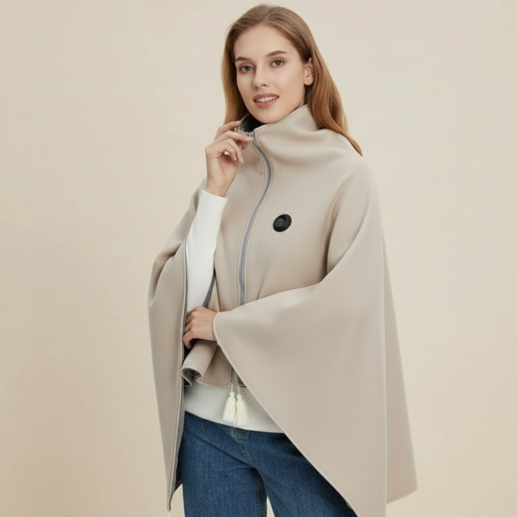 Natural USB heated blanket cape with front zipper and round button closure