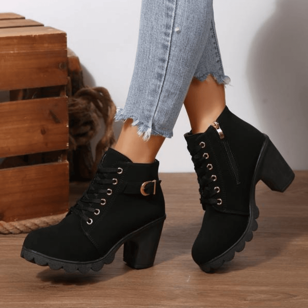 Mechi | Boots For Women | Lace Up Ankle Block Heel Black