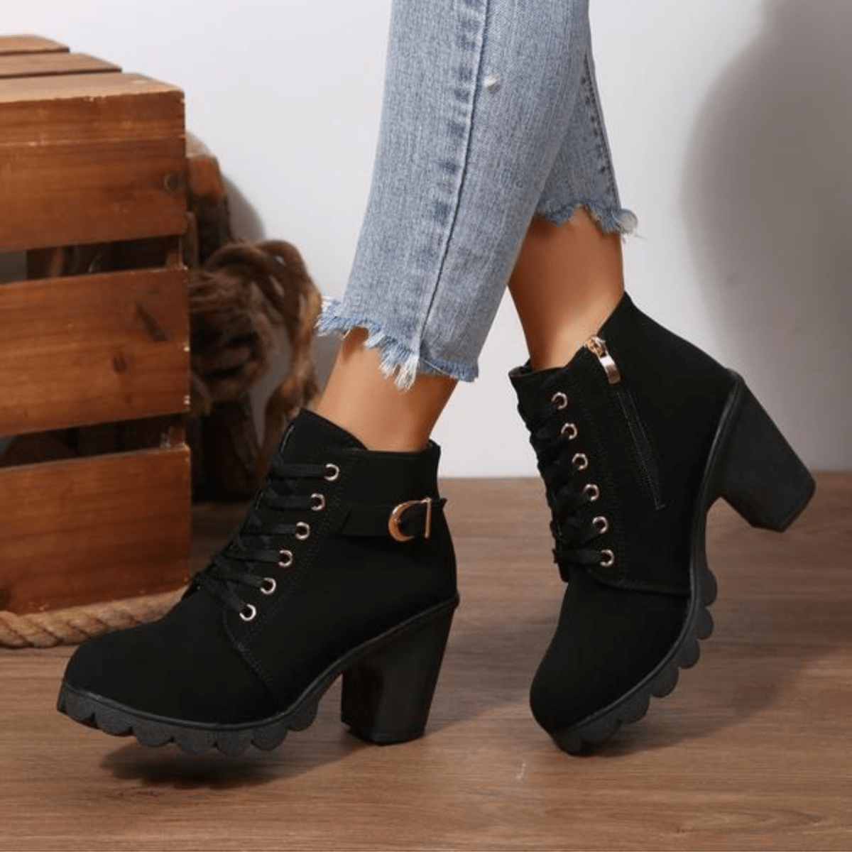 Mechi | Boots For Women | Lace Up Ankle Block Heel Black