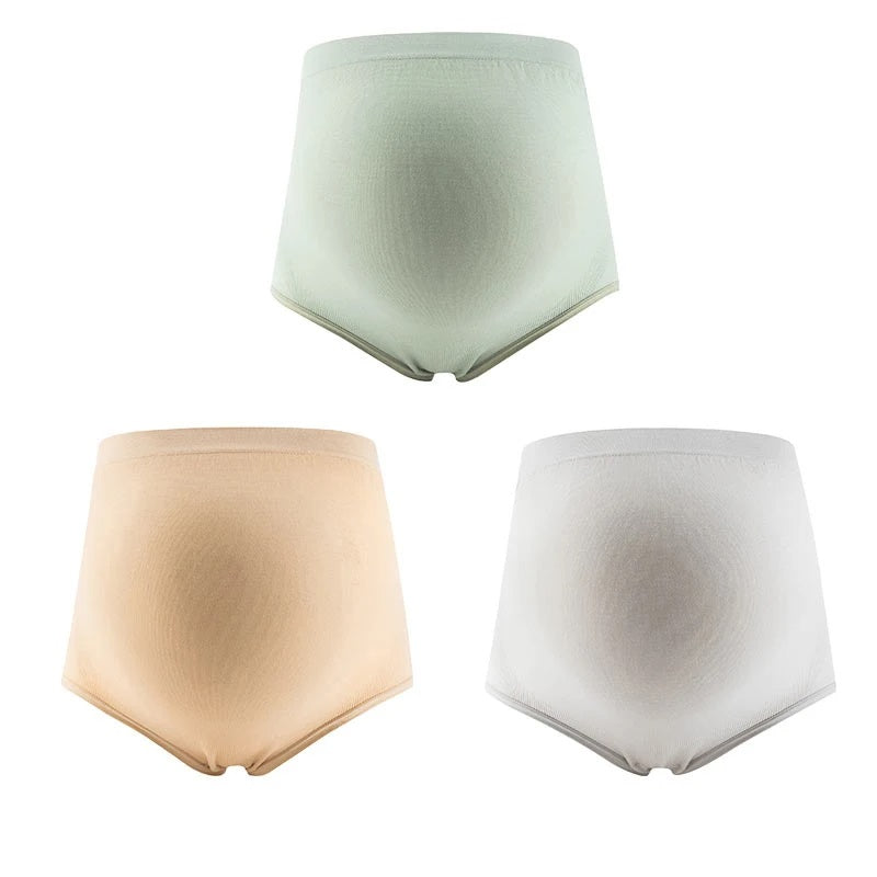 Maternity high-waisted over-bump briefs, 3-pack in sage, cream, and light gray