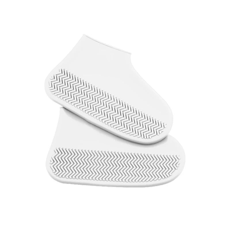 White reusable waterproof shoe covers with elastic ankle and zigzag tread soles