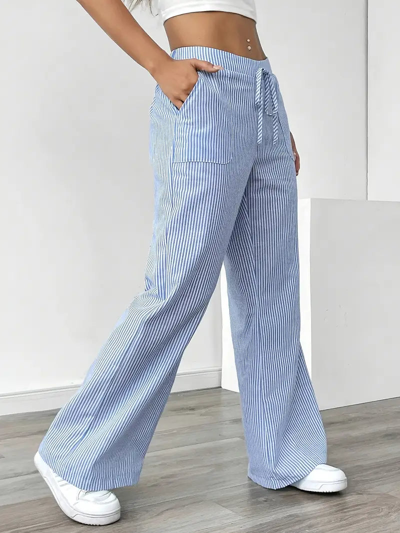 Isola | Wide Leg Trousers for Women - Striped Flared Drawstring Boho Beach Summer Fit-Women's Pants-Yellow-S-Camoufit