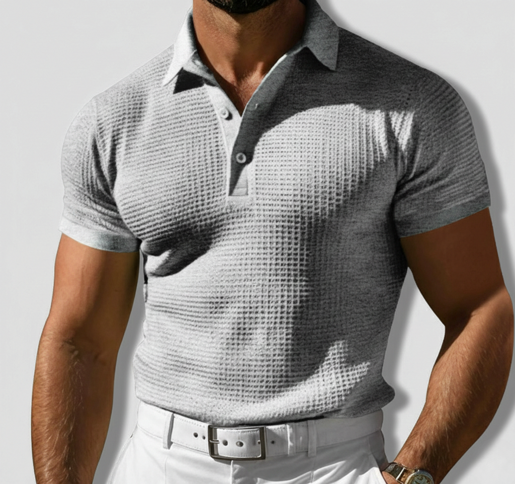 Casaro | Knit Polo Shirt for Men - Waffle Textured Three Button Cotton Regular Summer Fit-Polo Shirt-Gray-S-Camoufit