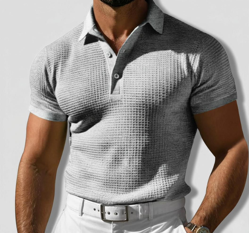 Casaro | Knit Polo Shirt for Men - Waffle Textured Three Button Cotton Regular Summer Fit-Polo Shirt-Gray-S-Camoufit