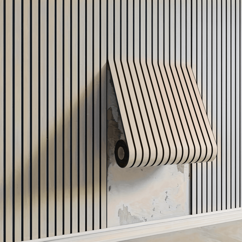 Self-Adhesive 3D Wall Panel Roll in Wood Slat Look, PVC, 40x300 cm (15.7 × 118.1 in) for Living Room and Bedroom