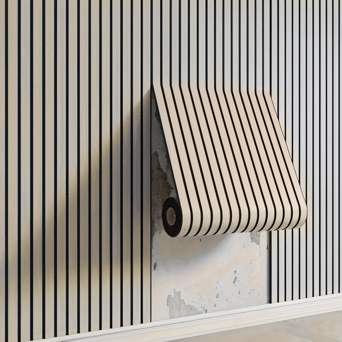 Self-Adhesive 3D Wall Panel Roll in Wood Slat Look, PVC, 40x300 cm (15.7 × 118.1 in) for Living Room and Bedroom
