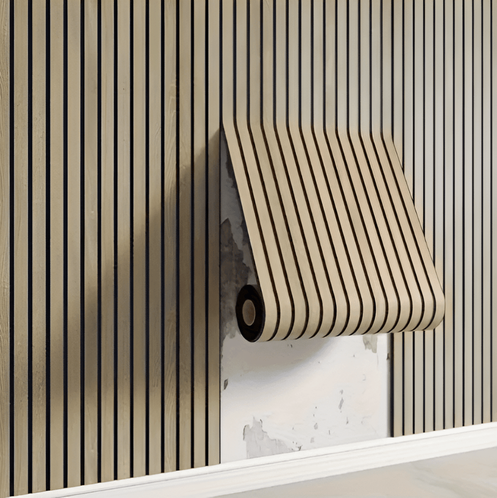 Self-Adhesive 3D Wall Panel Roll in Wood Slat Look, PVC, 40x300 cm (15.7 × 118.1 in) for Living Room and Bedroom