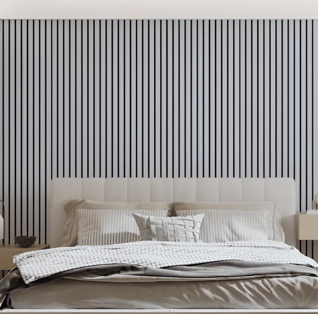 White vertical wood slat peel-and-stick wall panel with raised 3D grooves