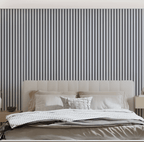 White vertical wood slat peel-and-stick wall panel with raised 3D grooves